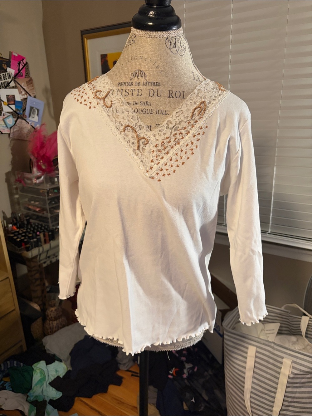 Coldwater Creek Cream Lace-Trim Long Sleeve Top - Medium NWT